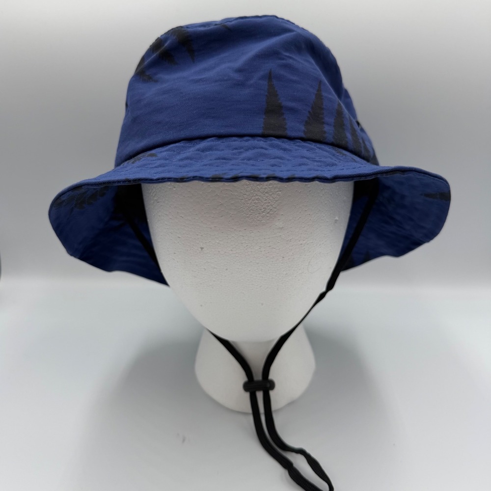 Only NY Blue Fern Print Bucket Hat Ripstop Adjustable Chin Strap Made in USA S/M